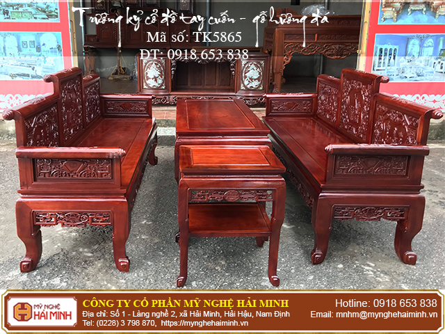 Trường kỷ cổ đồ tay cuốn - gỗ hương đá - 01