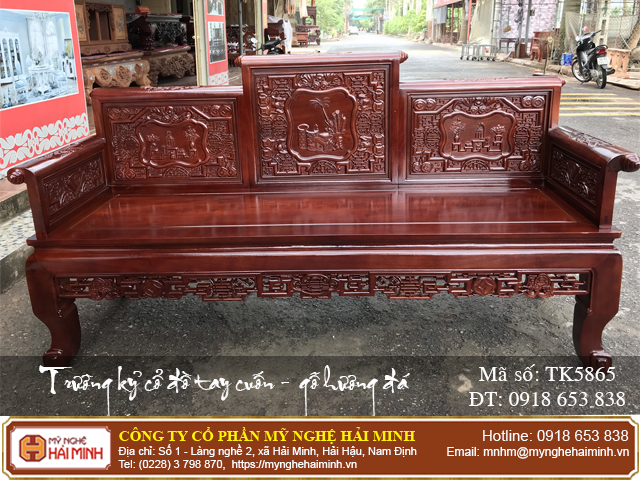 Trường kỷ cổ đồ tay cuốn gỗ hương đá - 02